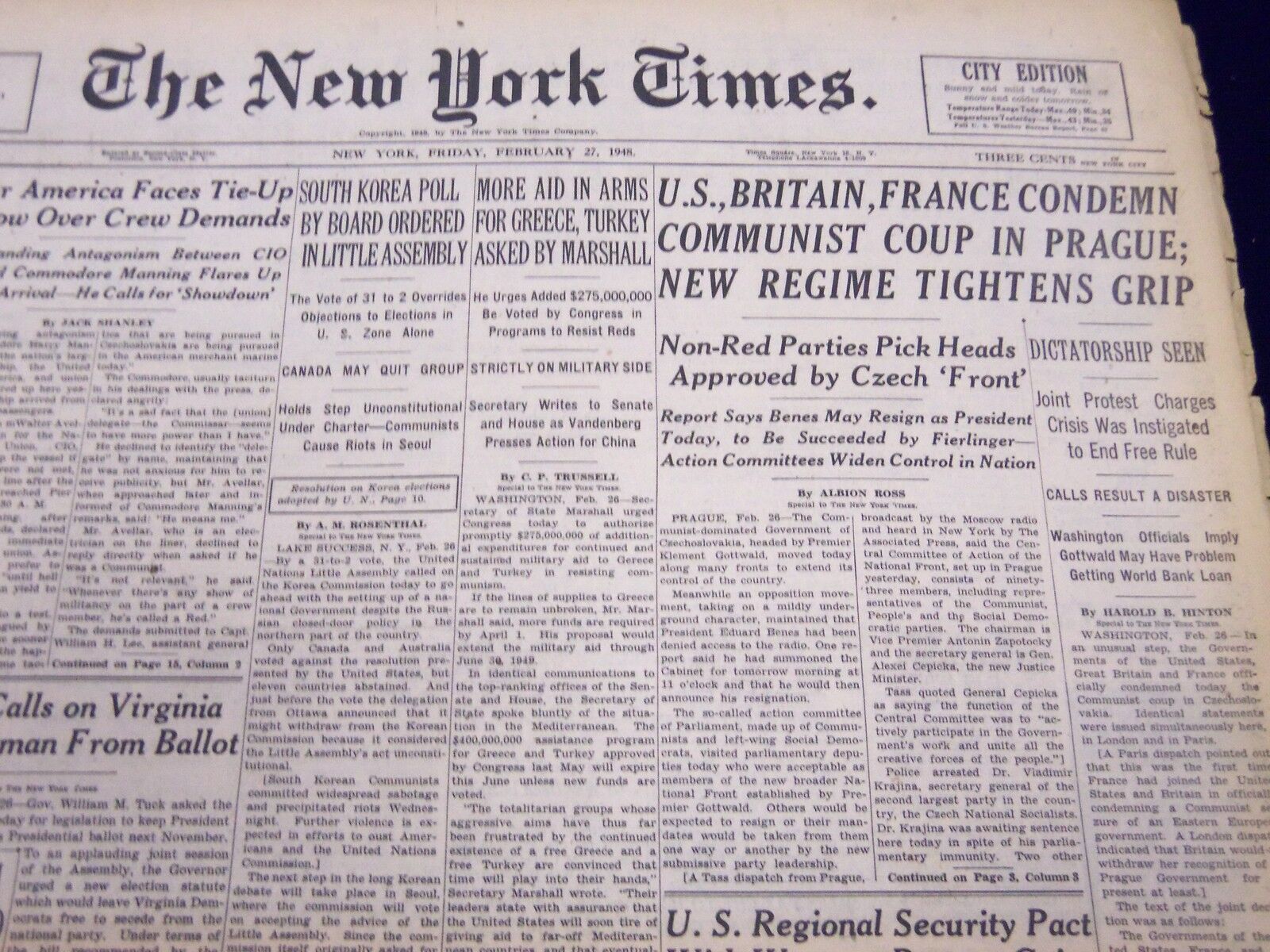 1948 FEB 27 NEW YORK TIMES NEWSPAPER U. S BRITAIN FRANCE CONDEMN COMMUNIST- NT57