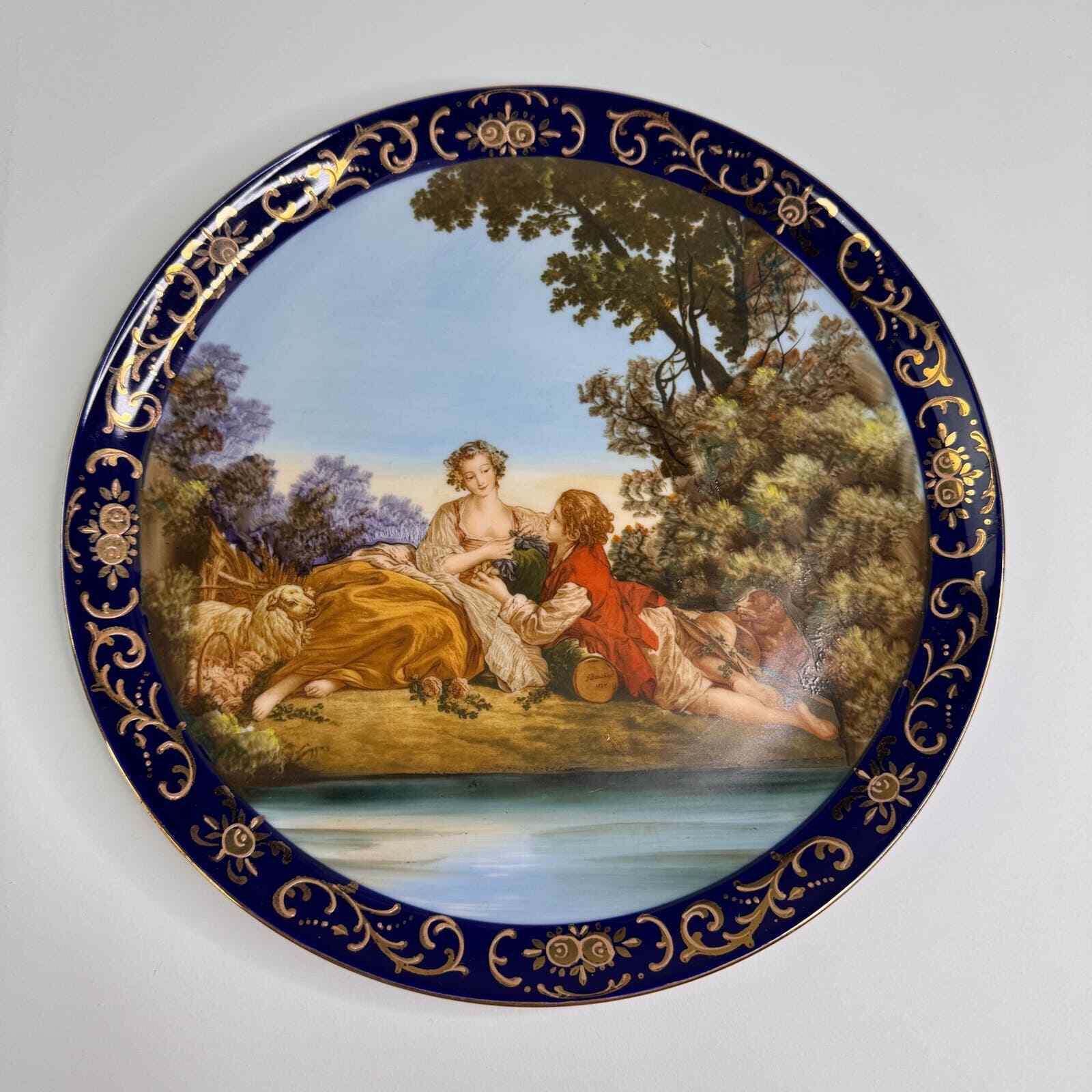Antique Cabinet Plate Courting Couple Pastoral Scene Porcelain French Decor 