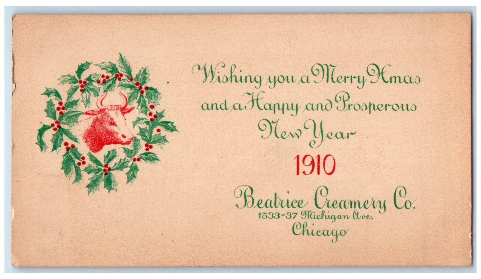 c1905 Christmas Holly Donkey Head Beatrice Creamery Co. Advertising Postcard