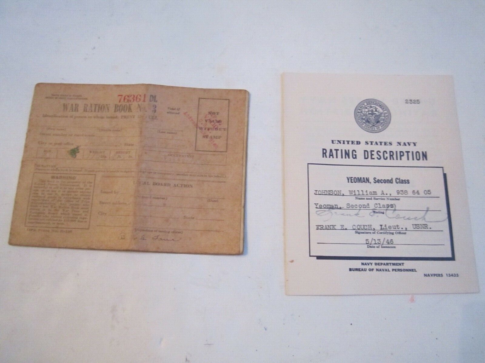 1946 US NAVY RATING DESCRIPTION BOOKLET & US WAR RATIONS BOOKLET NO. 3 -   SC-8