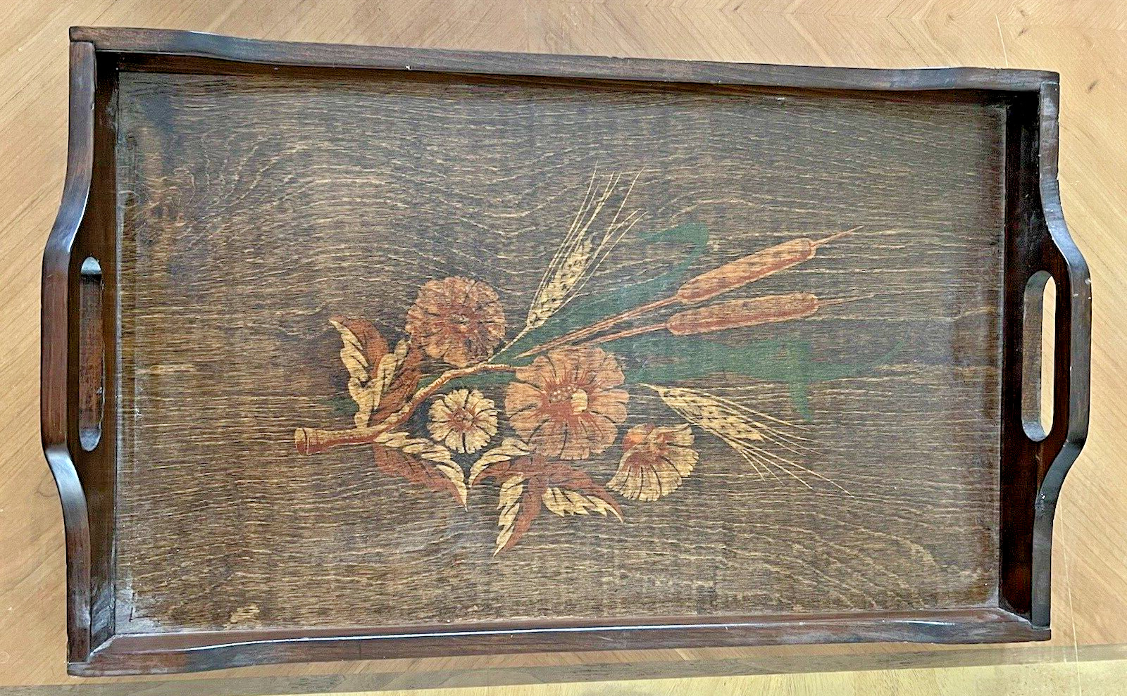Vintage Wooden Cornwell Serving Tray w/ Handles (Floral/Wheat Pattern)