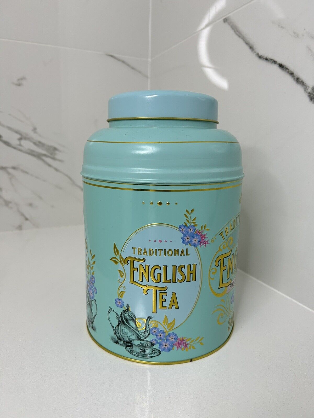 large empty Traditional English Tea tin Victorian Breakfast tea - turquoise rj