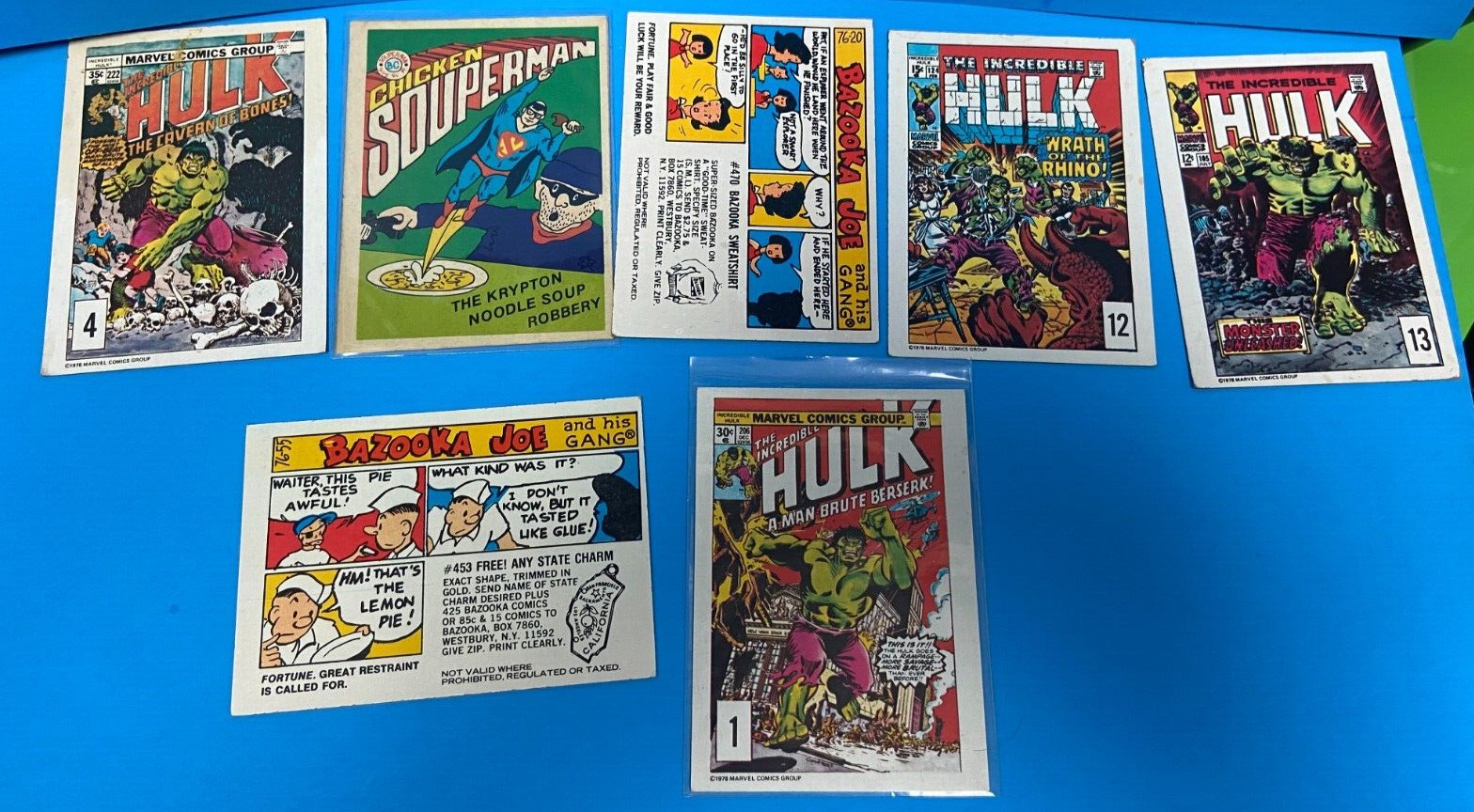 1970s Vintage Non-Sports card Lot (7) Marvel Hulk Superman Bazooka Joe 10323