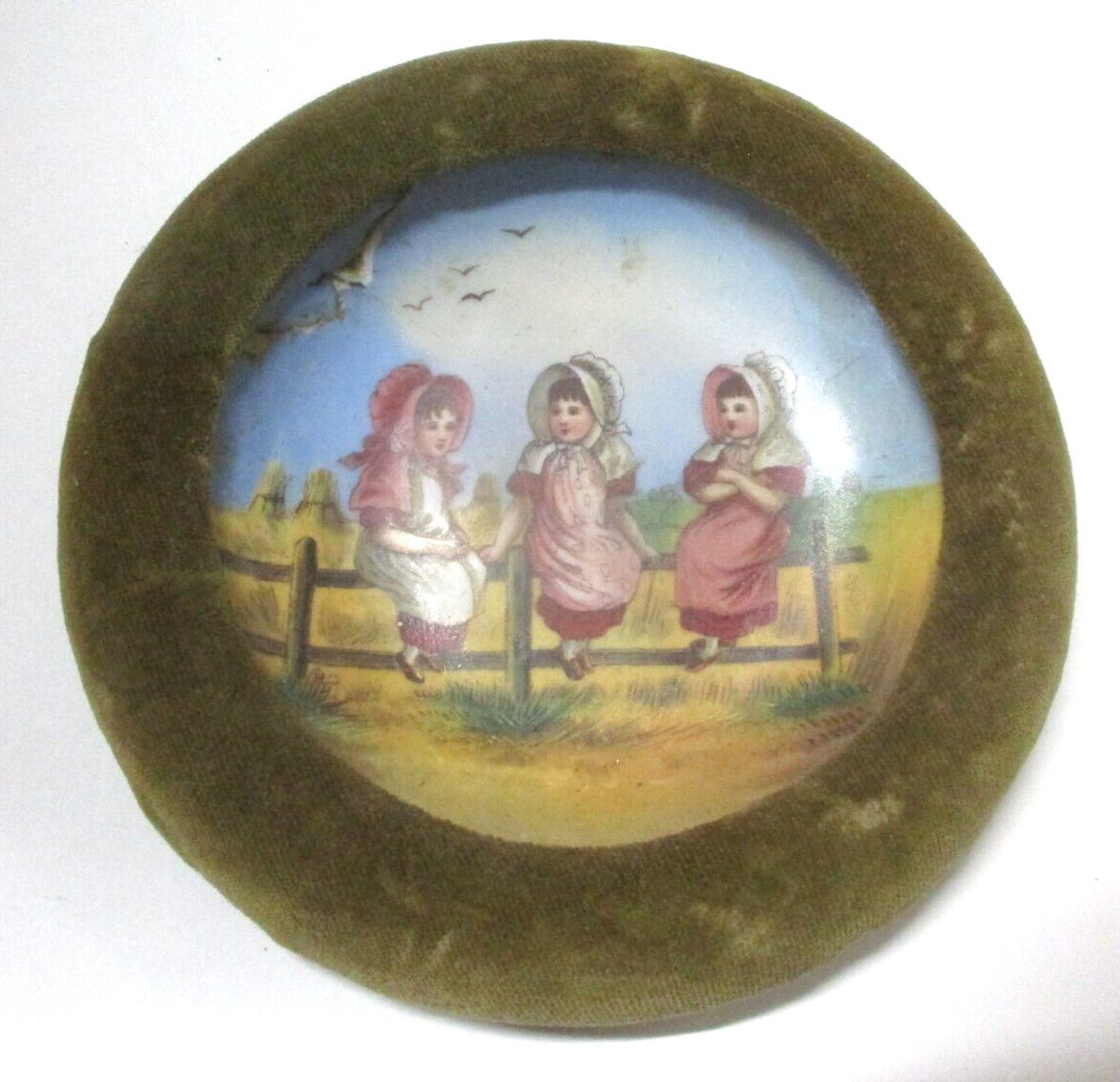 Small Antique Hand Painted Plate ... 3 Young Girls Sitting on a Fence