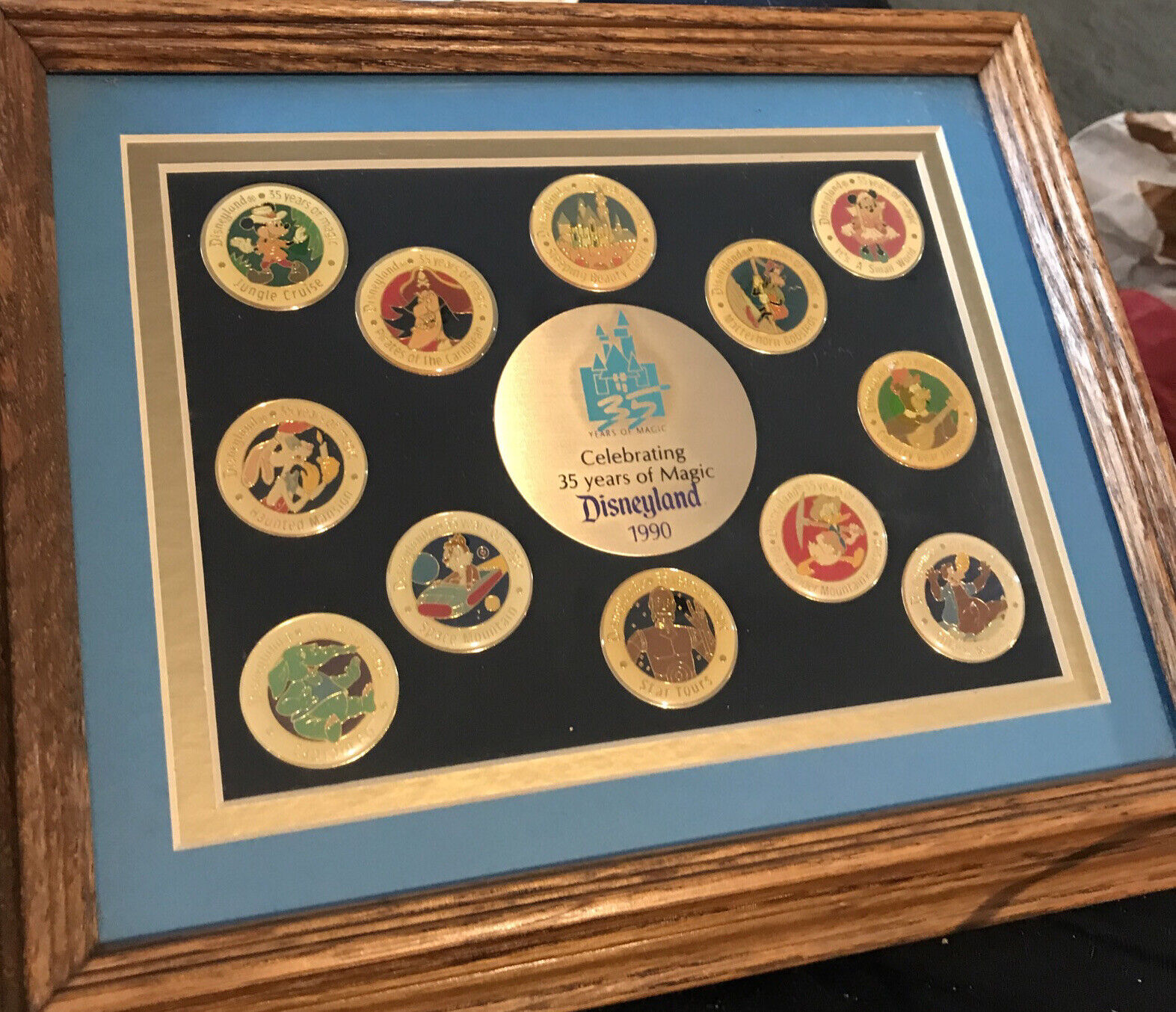 Complete FRAMED Set of 12 Disneyland Commemorative Pins 35 Yrs Magic 1990 Disney