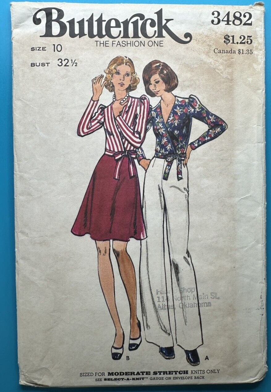 Wrap Top A-Line Skirt Pants Butterick 3482 Size 10 Bust 32.5 1970’s Chic Vintage