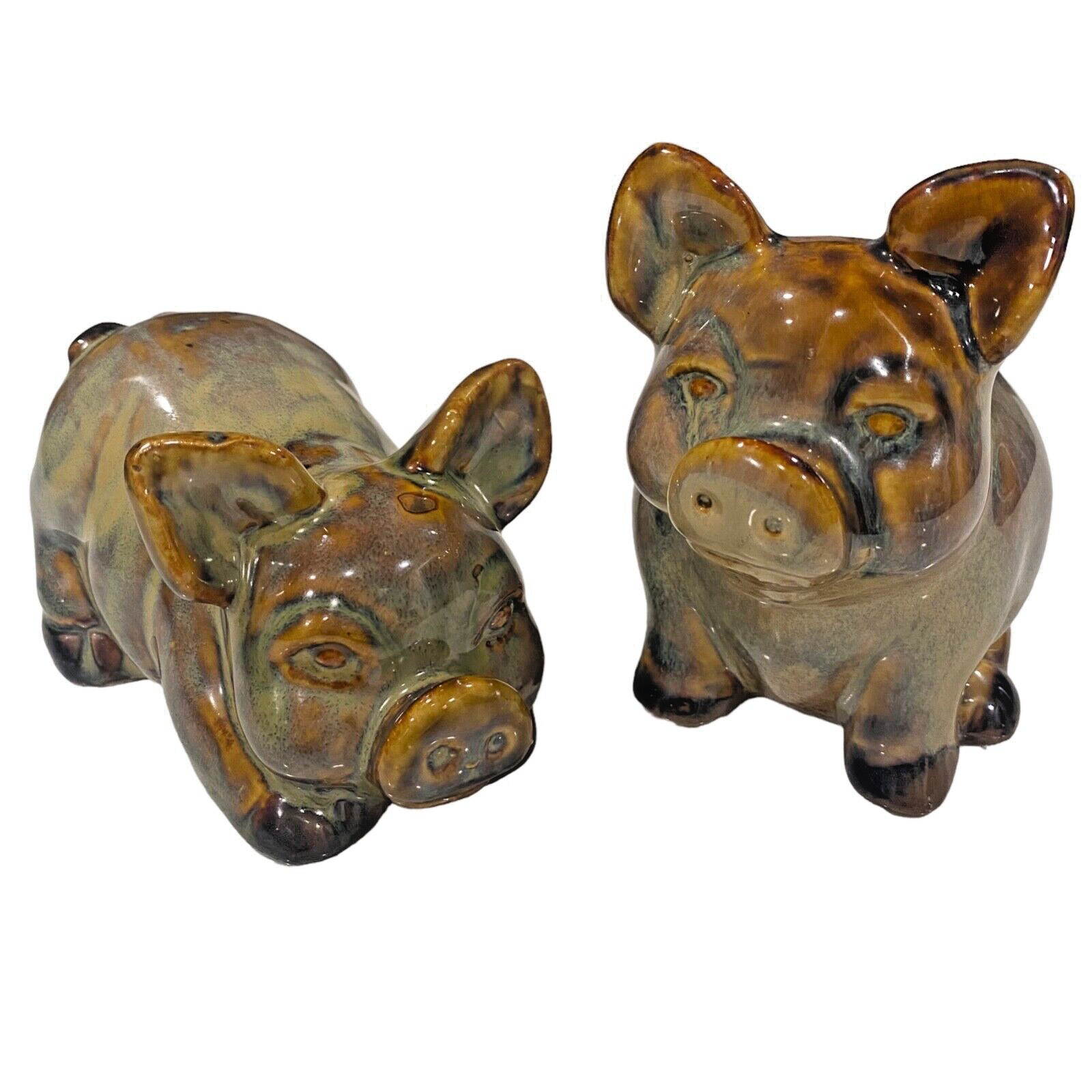 Vintage Ceramic Pig Figurines Brown & Gold Speckled Drip Glaze Set of 2