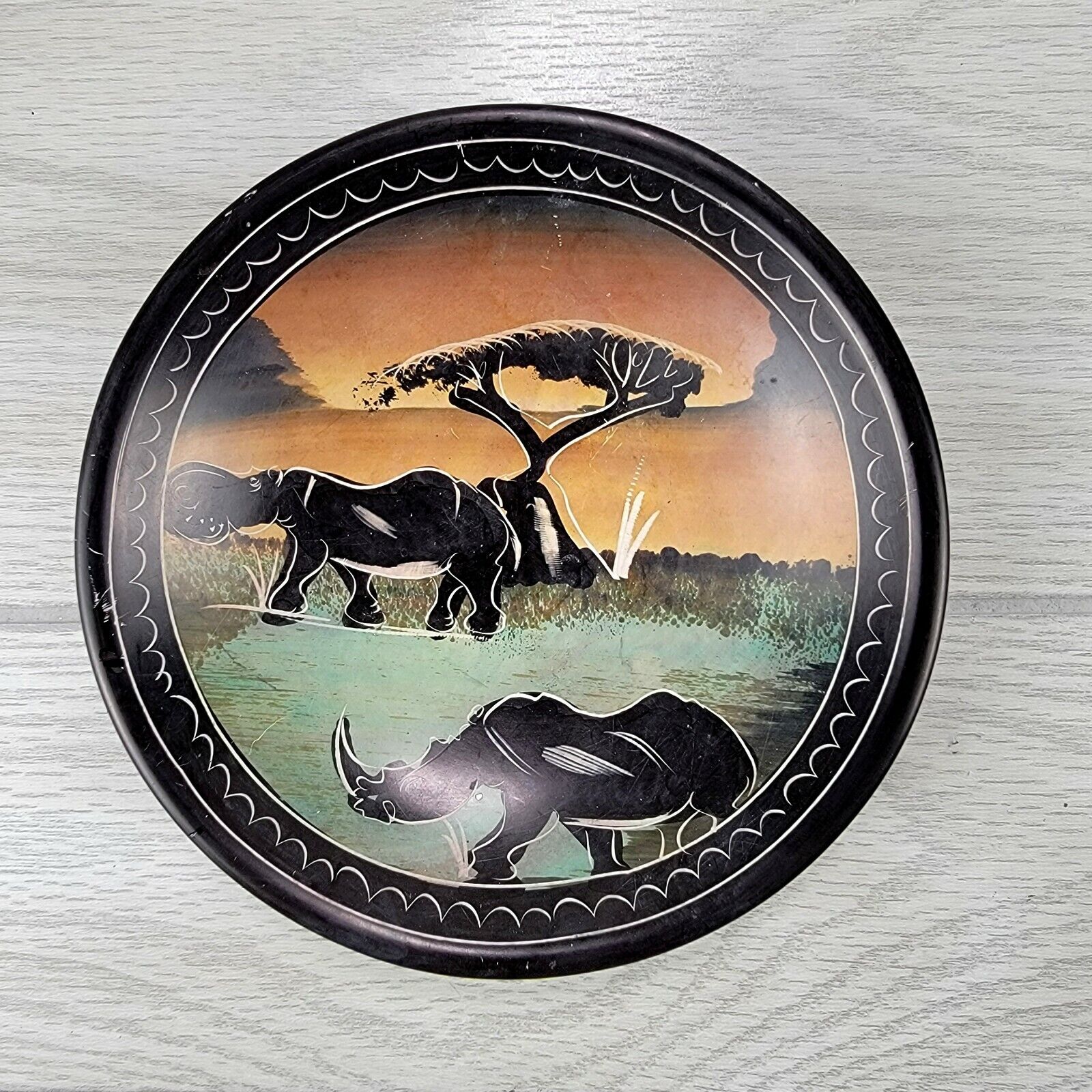 Carved Soapstone Dish African Art Pottery Safari Trinket Etched Animal Bowl
