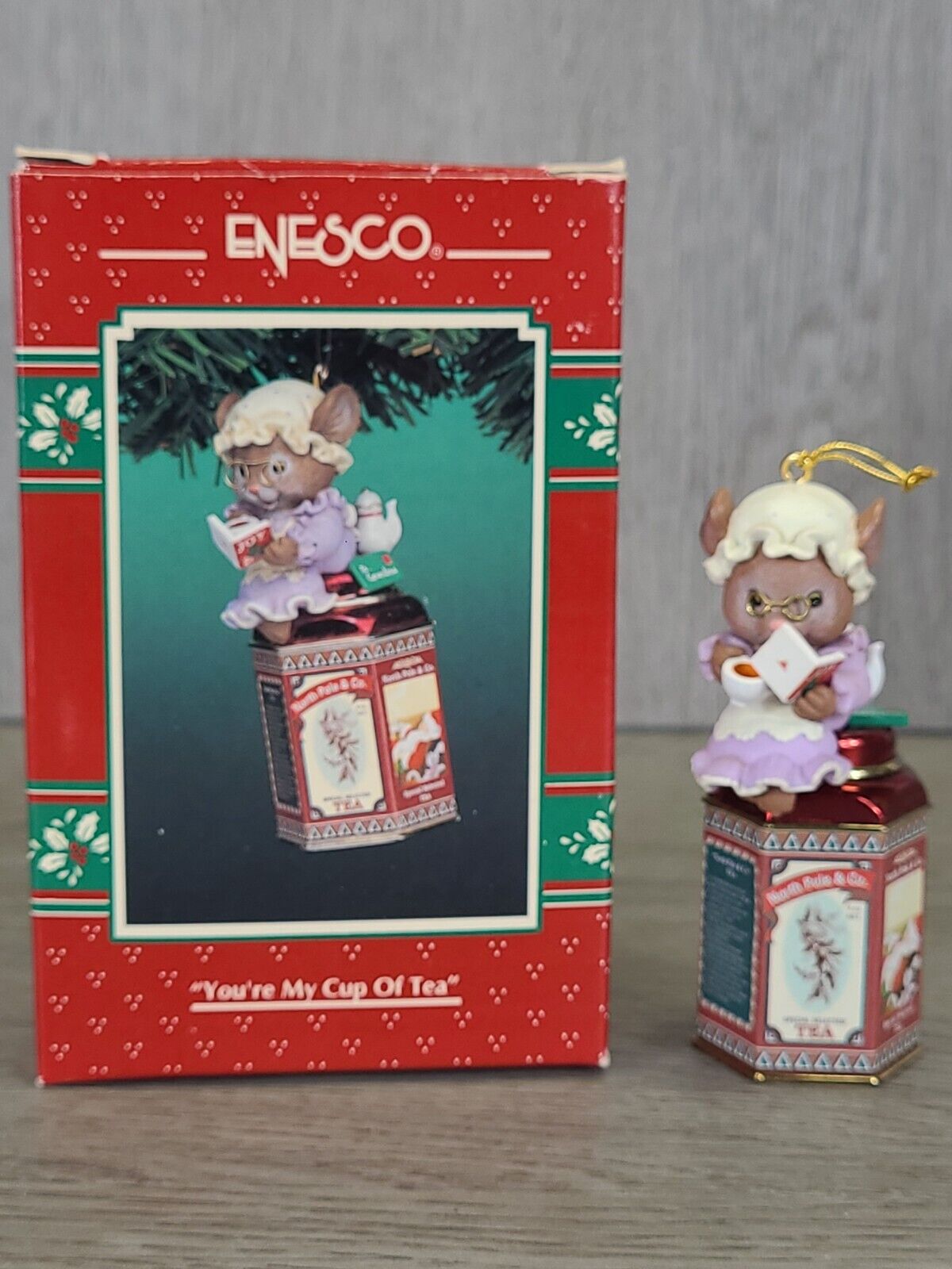 ENESCO TREASURY 1995 Christmas Ornament YOU'RE MY CUP OF TEA Grandma Mouse VTG