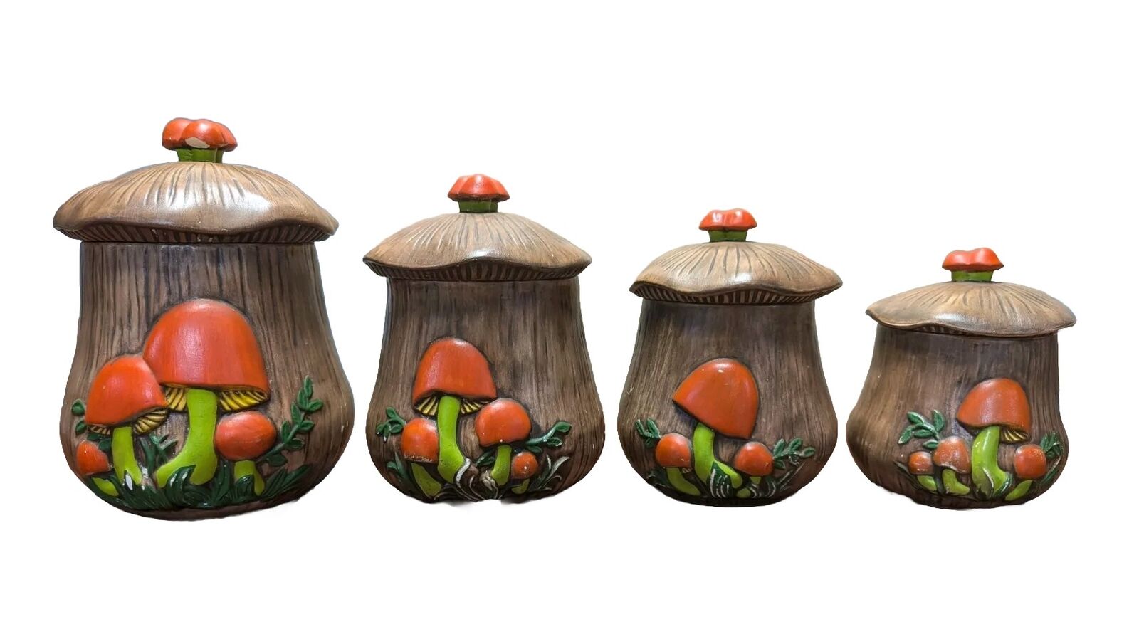 VTG Arnel\'s Handmade Hand Painted Ceramic Mushroom Jar Canister Set Of 4 Retro