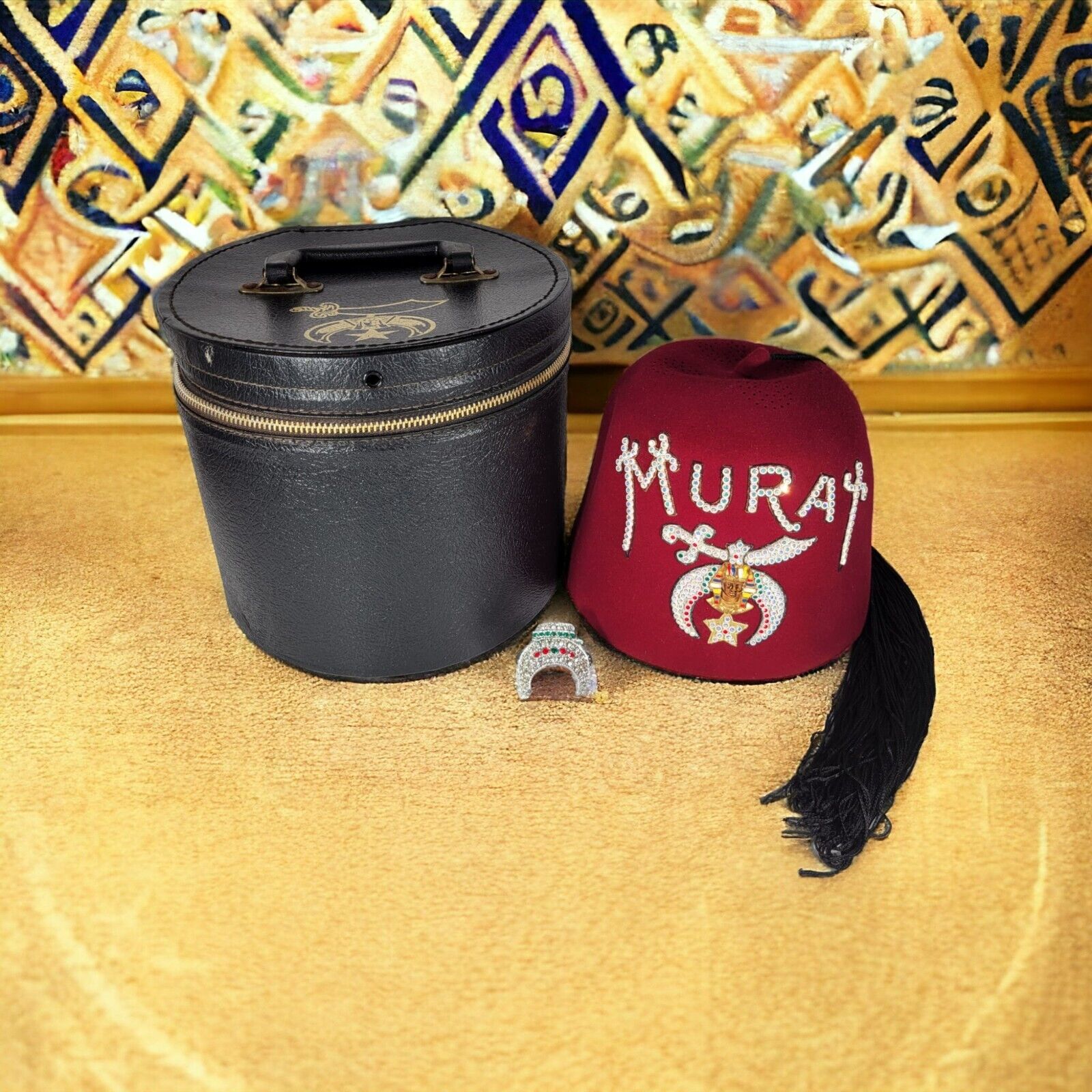 Vintage Masonic Shriner's Temple Fez Hat Masonary Murat w/ Tassel Pins & Hat Cas