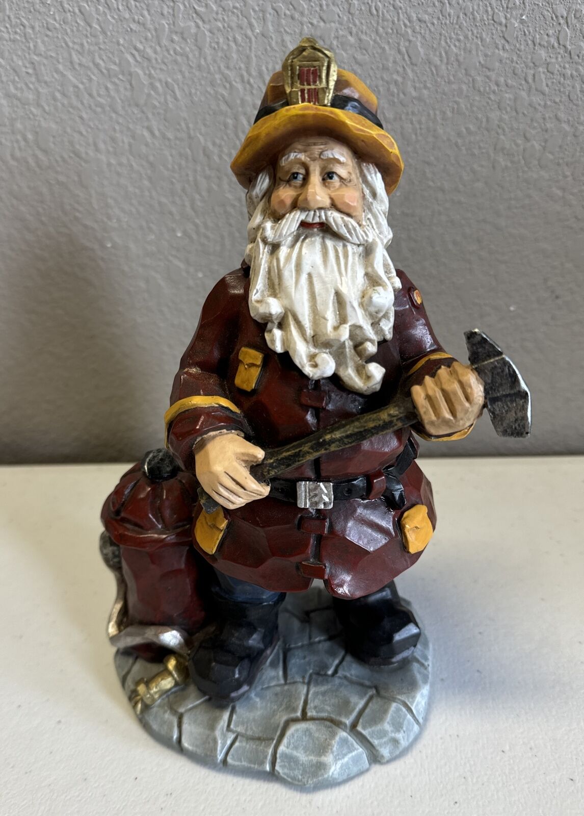 Vintage 2003 Christmas Firefighter Santa Decoration With Fire Hydrant Axe Stone