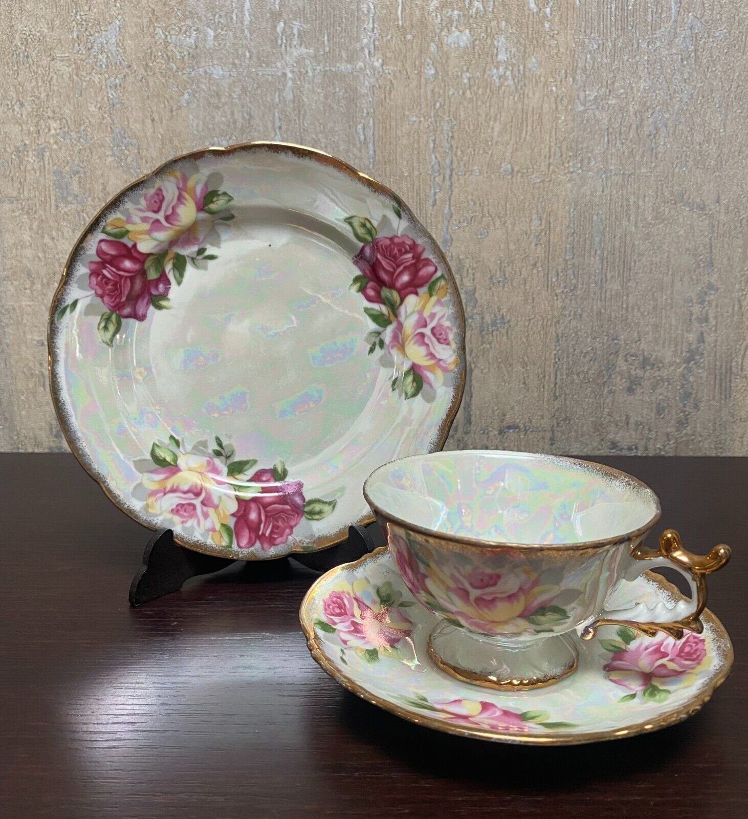 Vintage Iridescent Japan Cup, Saucer and Cake Plate Set Rose 