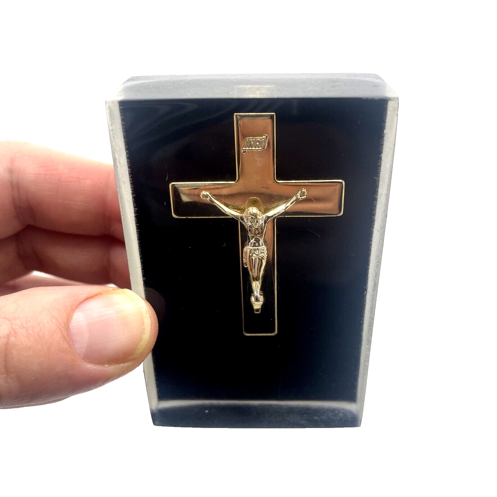 VTG Crucifix Holy Cross Lucite Acrylic Paperweight Catholic Religious