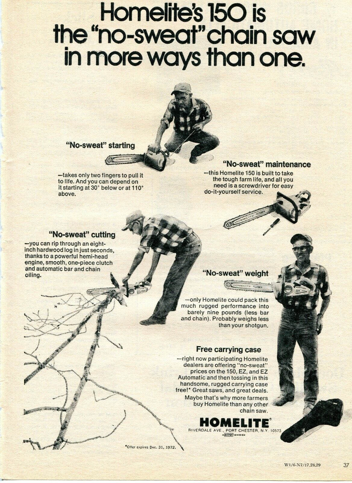 1972 Print Ad of Homelite 150 No-Sweat Chain Saw