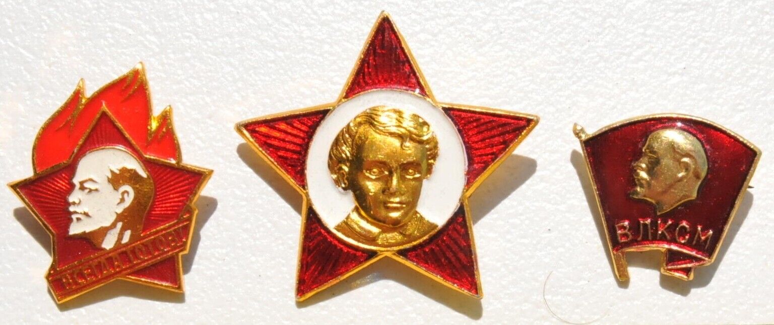 RUSSIAN SOVIET USSR PIONEER PIN AWARD GOLD RED STAR BADGE LENIN BANNER MEDAL PIN