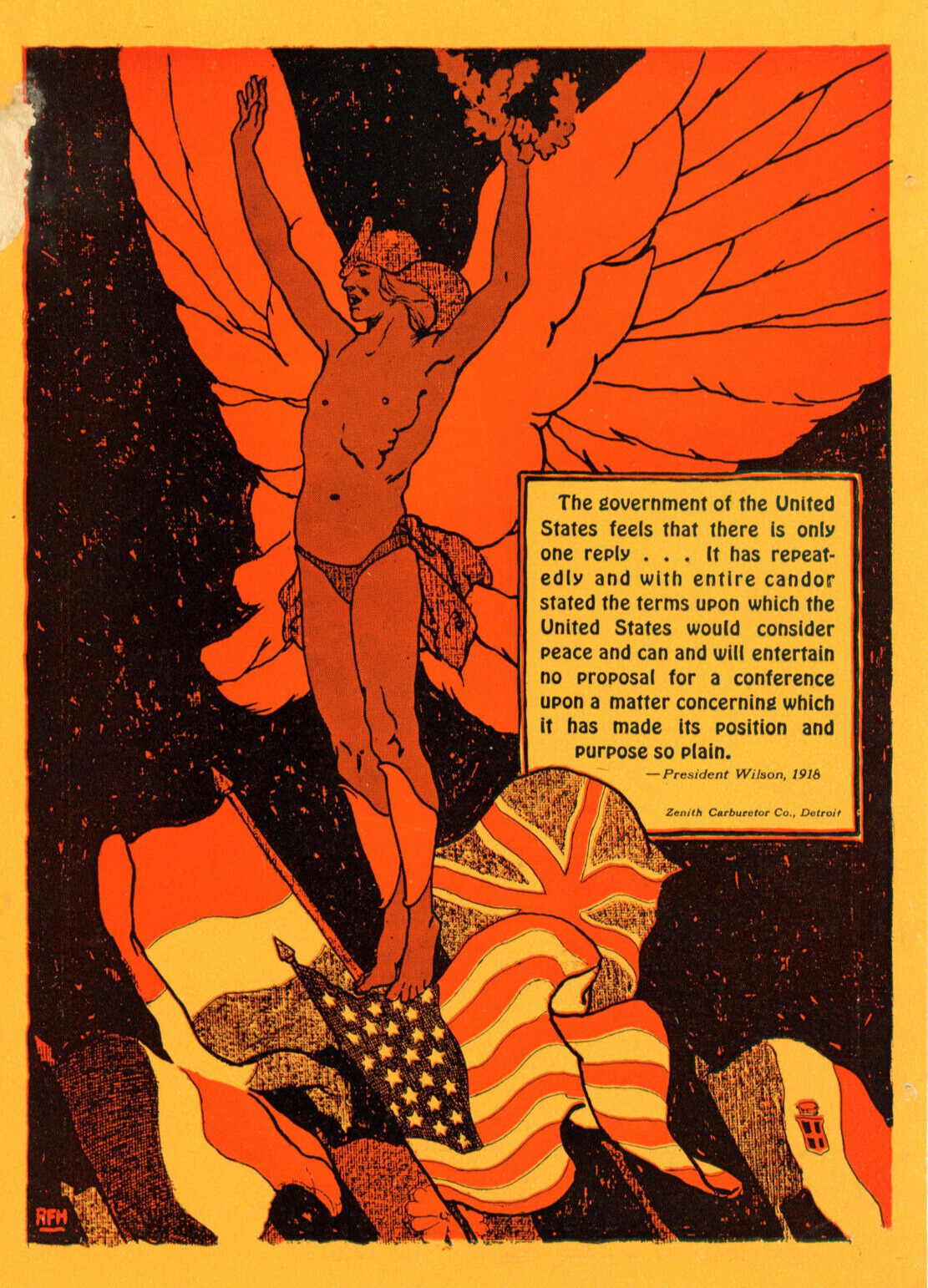 1918 Original Zenith Carb Ad. RFH Art. Gay Interest. Unconditional Surrender