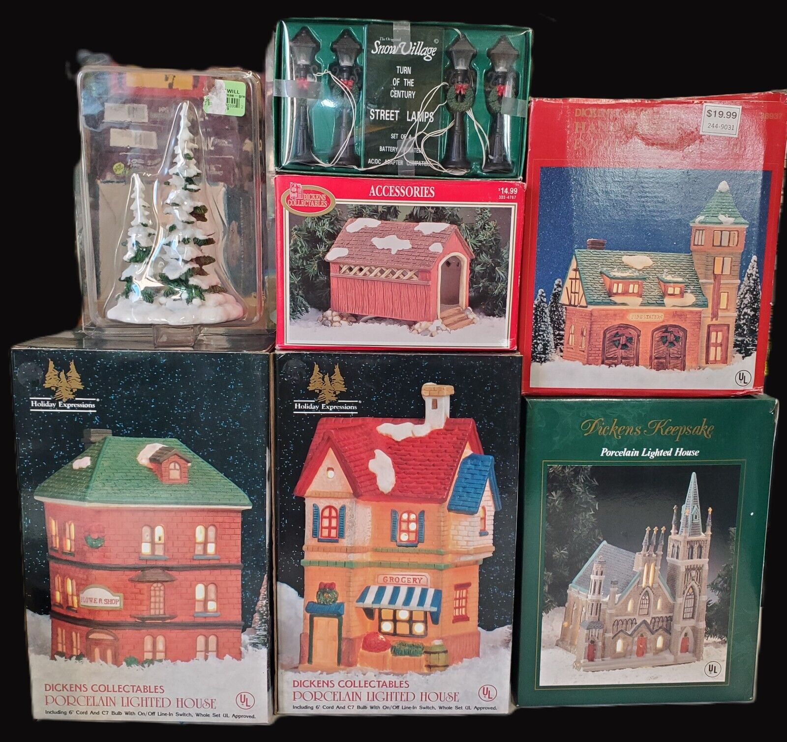 Holiday Expression - Dickens Collectibles - Porcelain Lighted House Lot of 7