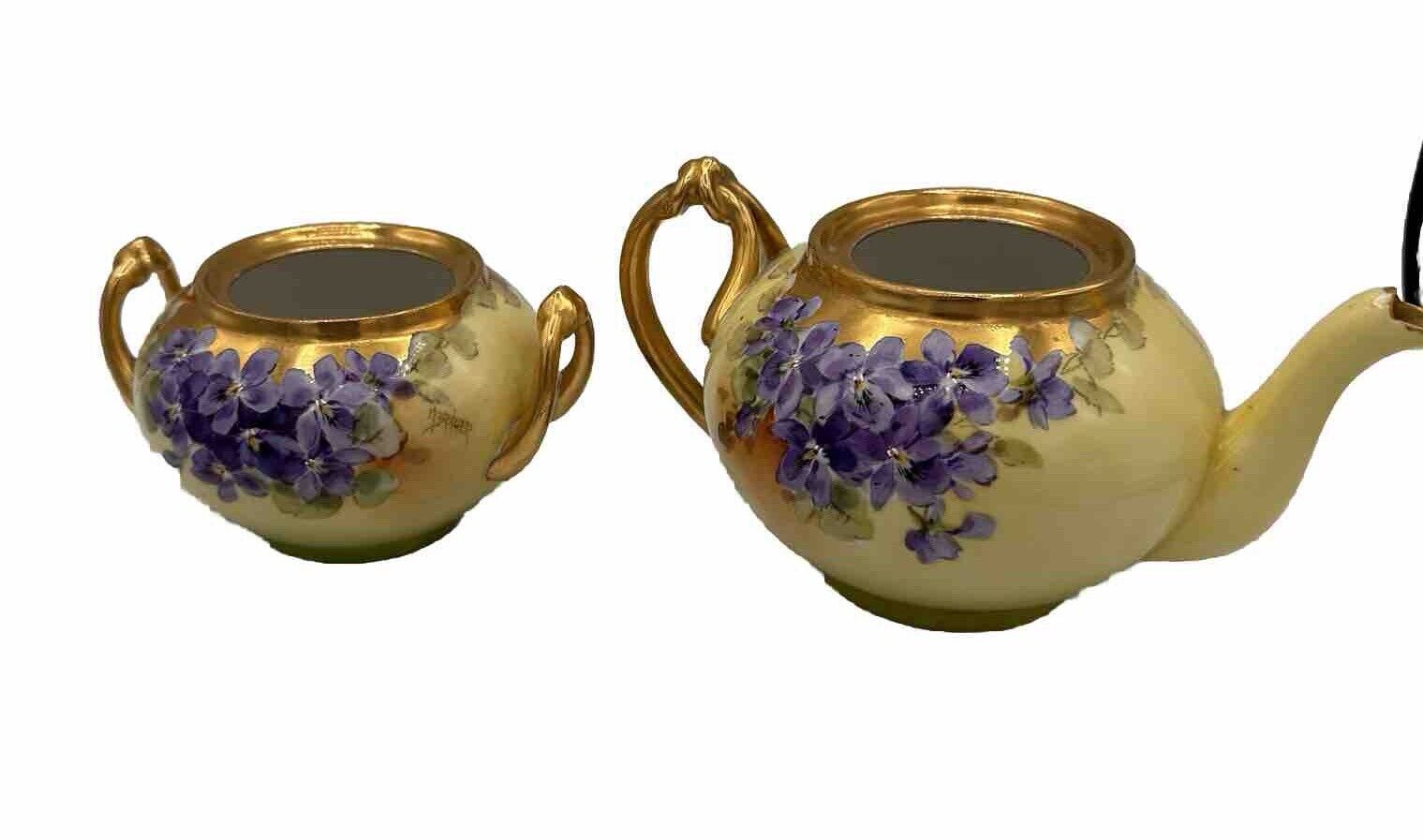 Jul H Brauer Limoges France Handpainted Sugar Teapot Violet Gold Trim Antique
