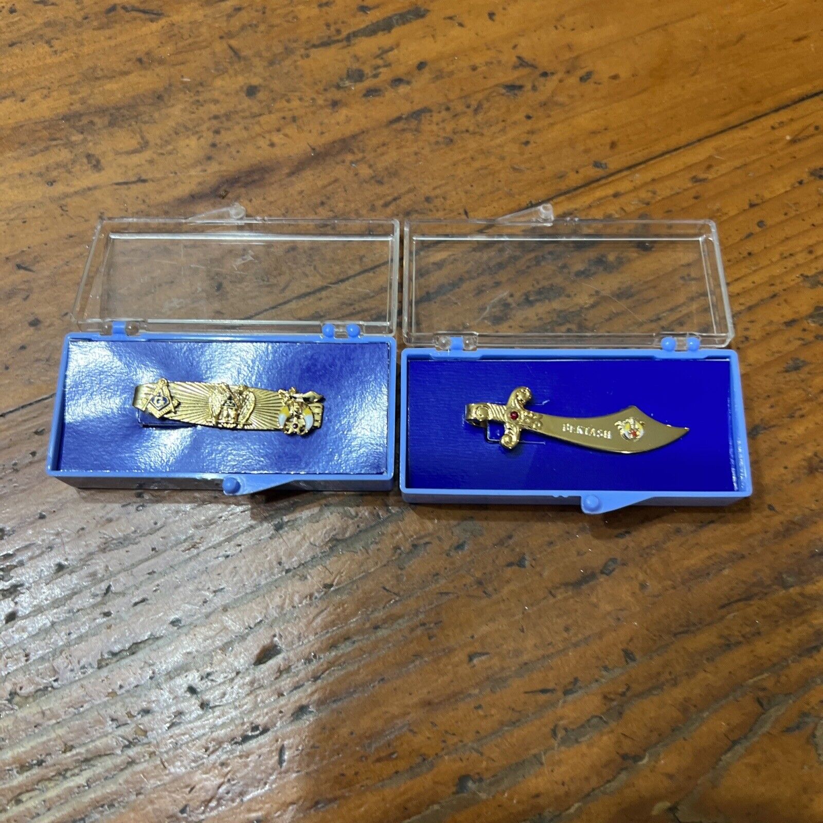Vintage Masonic Shriner Tie Clip Lot of Two Sword & 32nd Degree Enamel Gold Tone