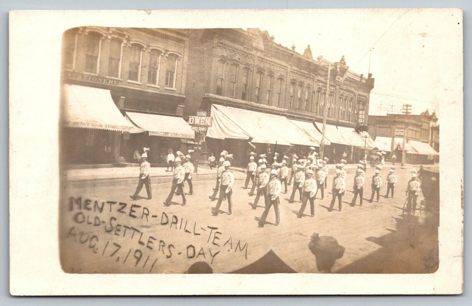Marion Iowa~Mentzer Drill Team~Old Settlers Day Parade~Owen Drug Store~1911 RPPC