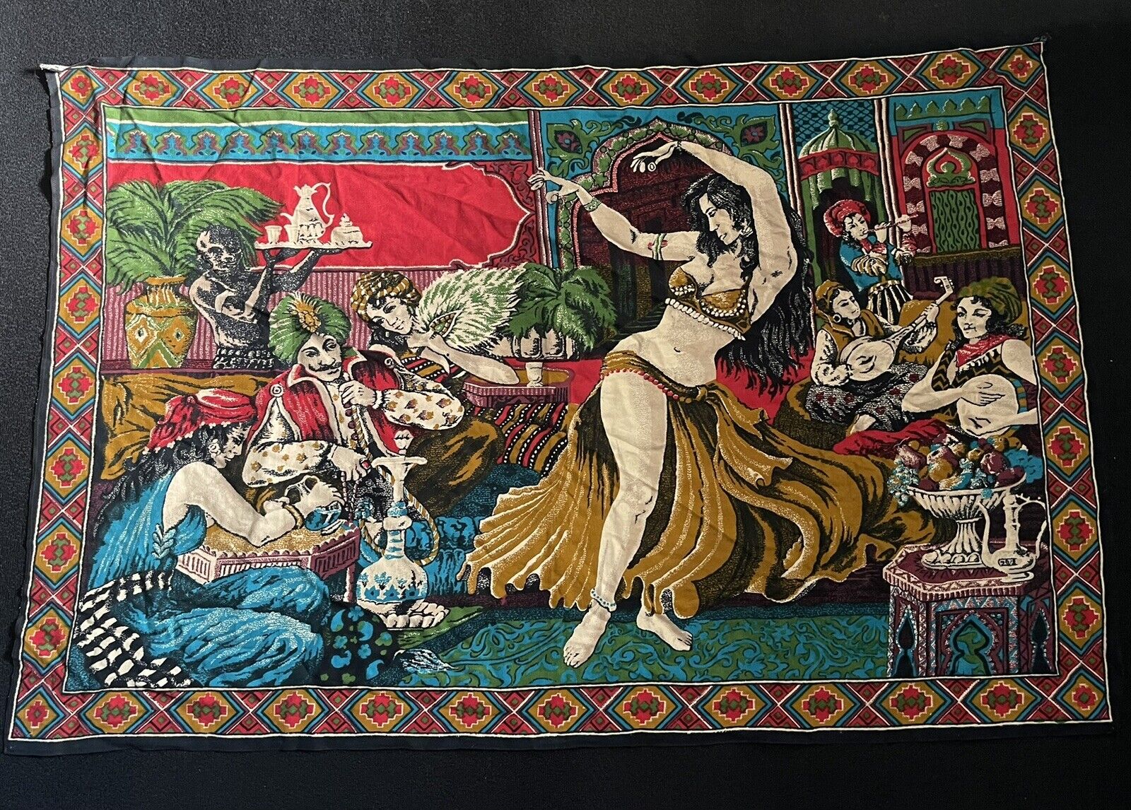 1960s VINTAGE Middle Eastern Tapestry - 58” x 39” - Belly Dancers & Musicians