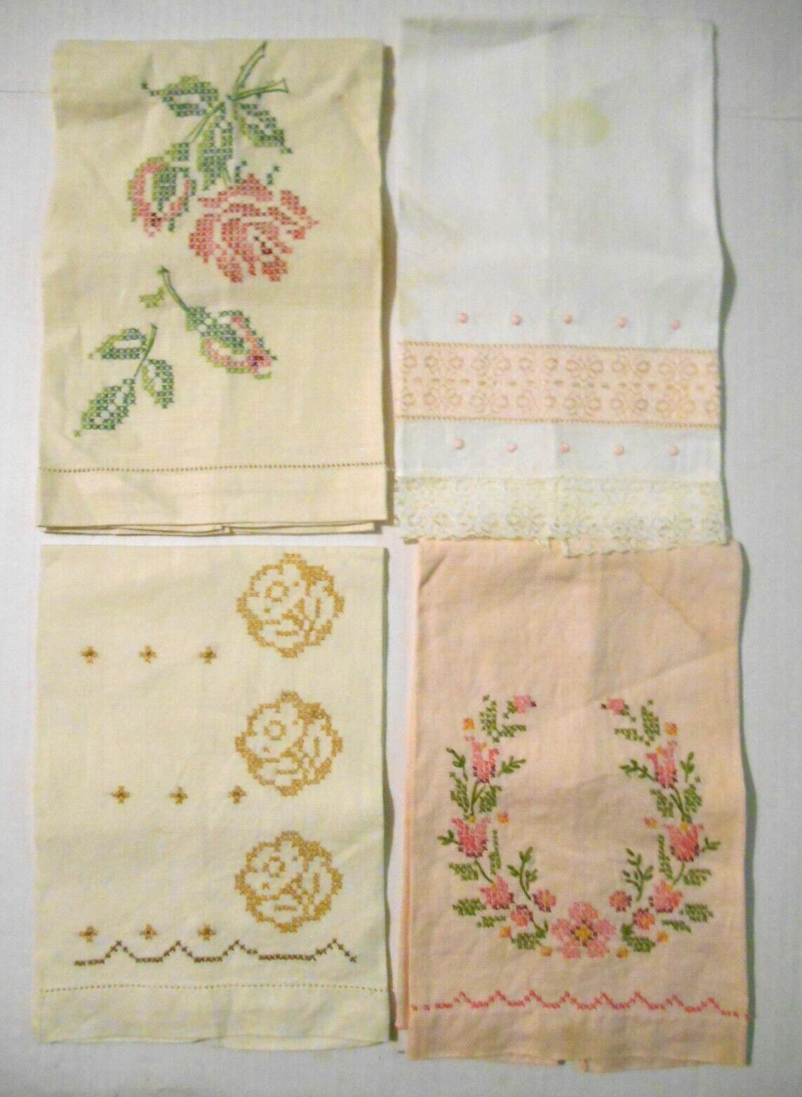 4 Vintage 1950s Irish Linen Guest Towels Hand Embroidered ASSORTED FLORAL Unused