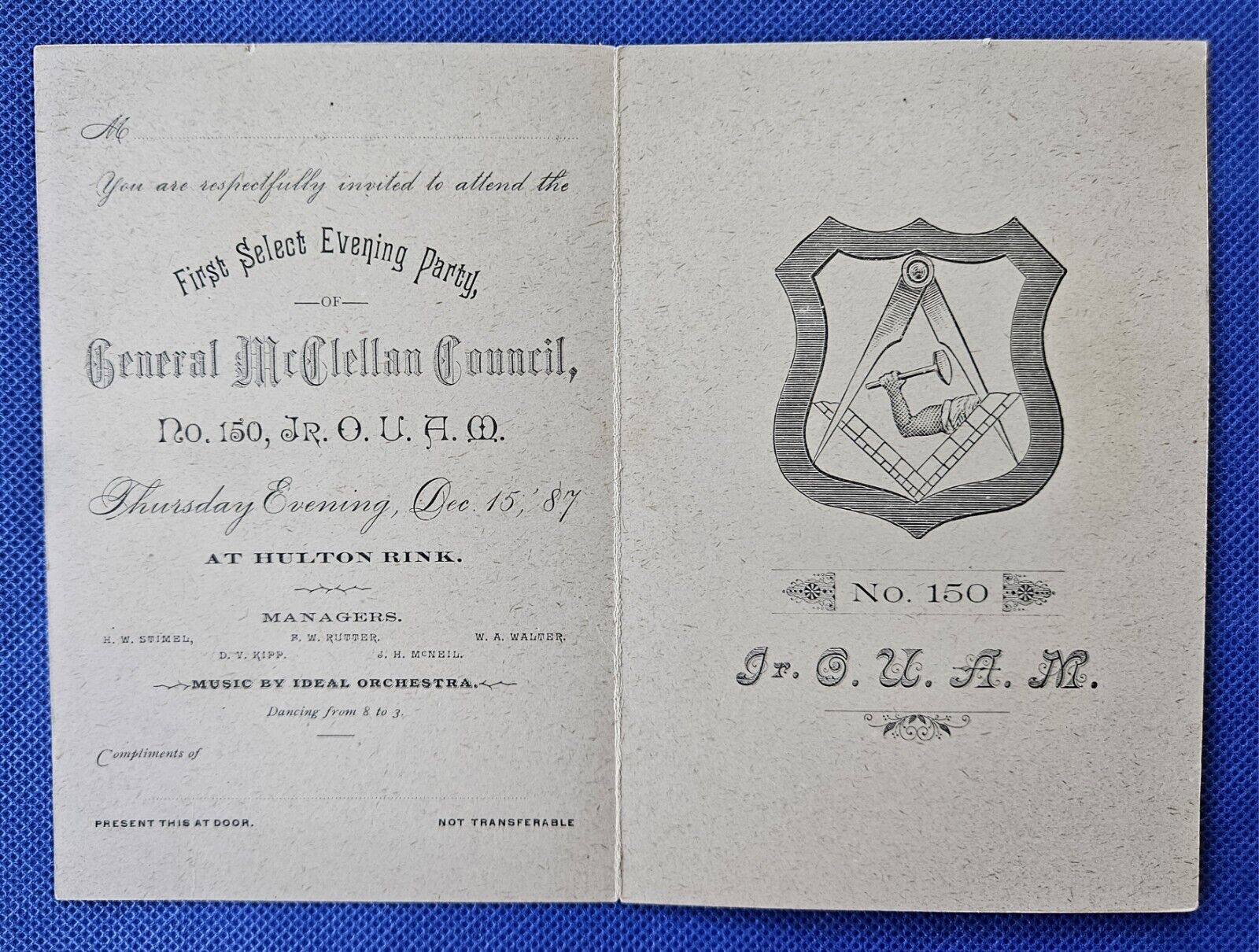 1887 No. 150 Jr. O.U.A.M. General Mcclellan Council Evening Party Invitation NM