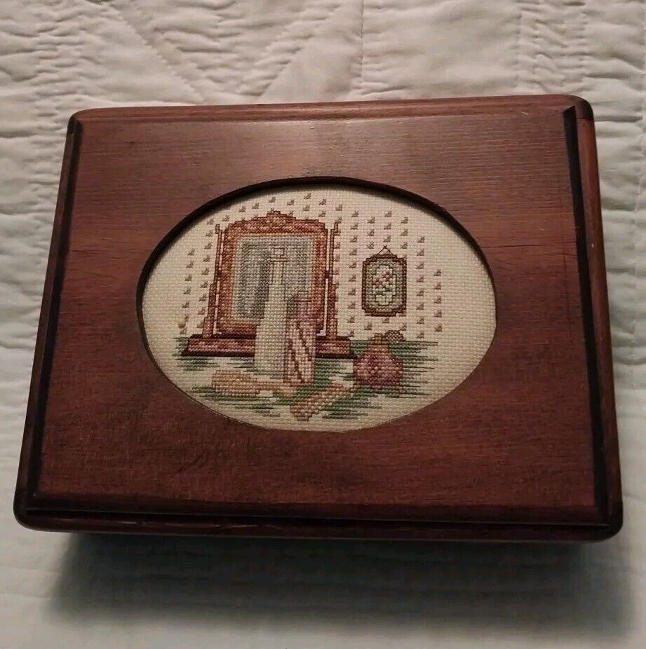 Vtg Lg Wooden Trinket Box W/ Completed Counted Cross Stitched Vanity Set/Perfume