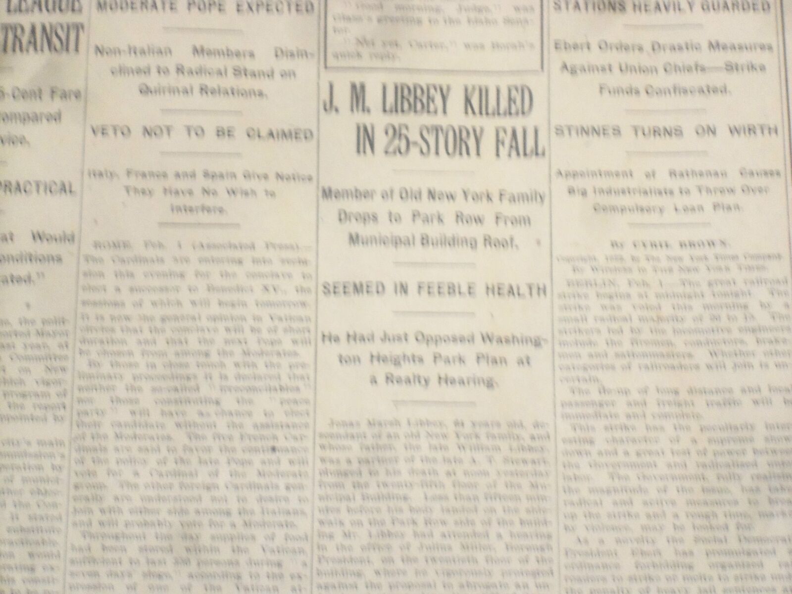 1922 FEBRUARY 2 NEW YORK TIMES - J.M. LIBBEY KILLED IN 25 STORY FALL - NT 9000