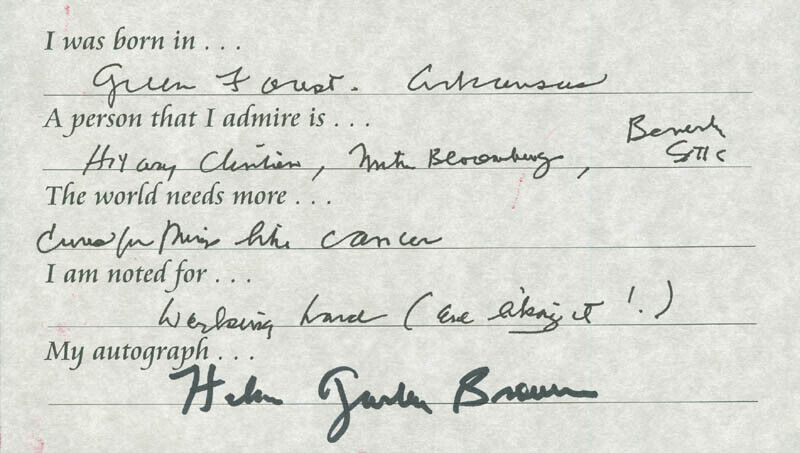 HELEN GURLEY BROWN - QUESTIONNAIRE SIGNED