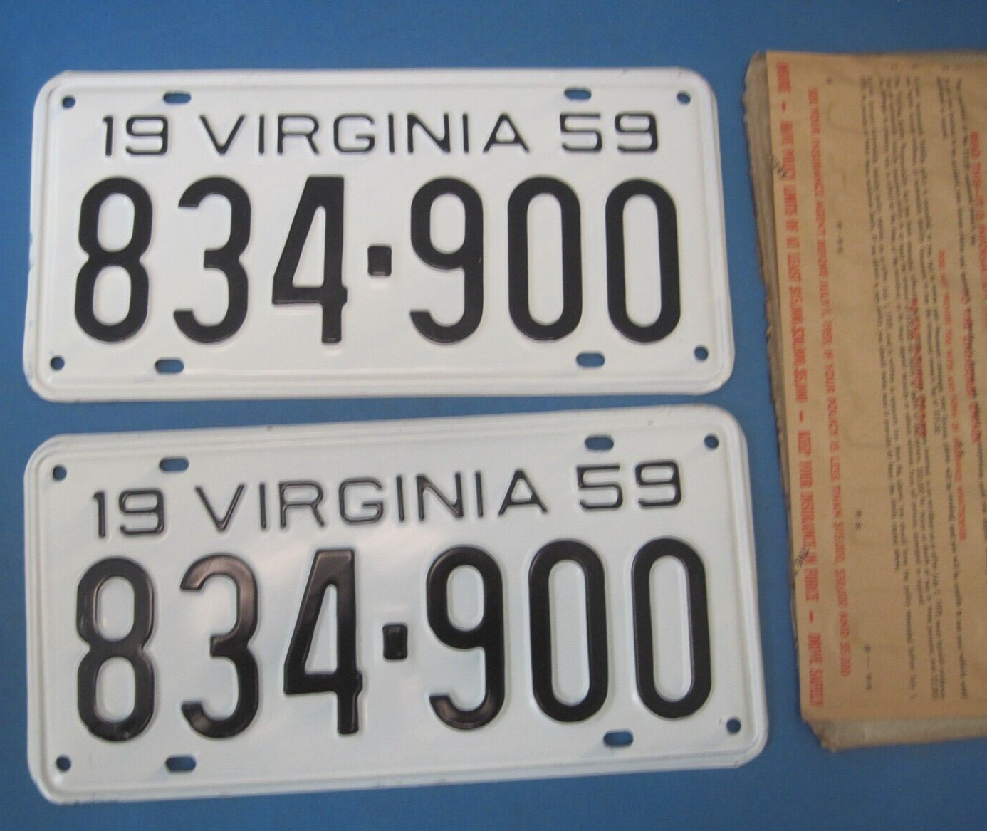 1959 Virginia License Plates new never issued and excellent DMV clear for YOM