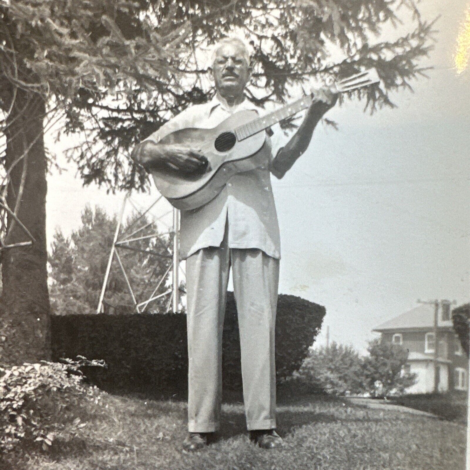 VINTAGE PHOTO Older Man Playing Acoustic Guitar Serenade Original Snapshot