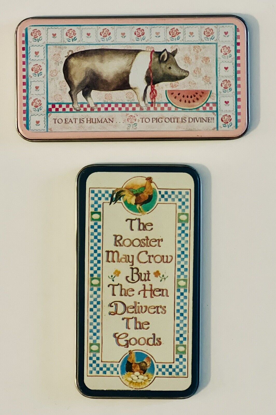 2 Vintage Figi Graphics Funny Quote Tin Refrigerator Magnets Hen Rooster Pig