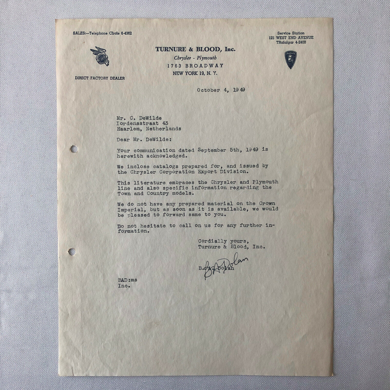 1949 Chrysler & Plymouth Dealership Letter Letterhead Turnure & Blood New York