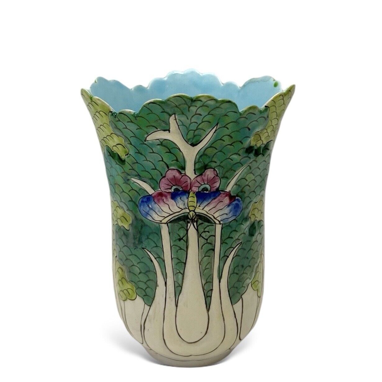 Vintage Chinese Export Bok Choy Leaf and Butterfly Porcelain Vase