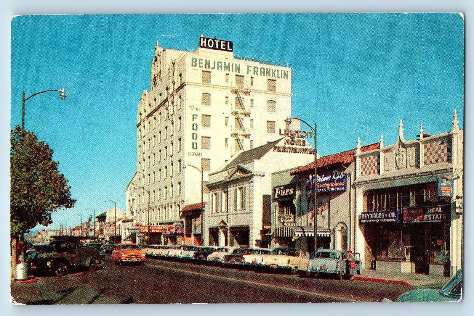 San Mateo California Postcard Third Avenue Hotel Benjamin Franklin Scene c1960s