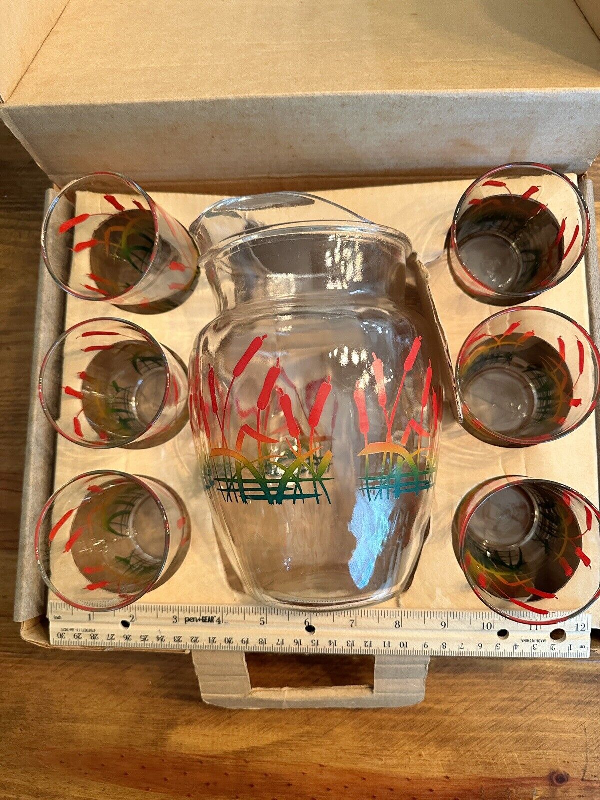 Vintage MCM Ice Tea Pitcher Cattails With Set Of 6 Glasses In ORIGINAL Box