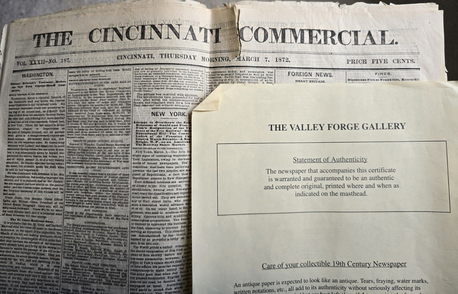 Antique Newspaper The Cincinnati Commercial March 7, 1872 (Not Reproduction) 