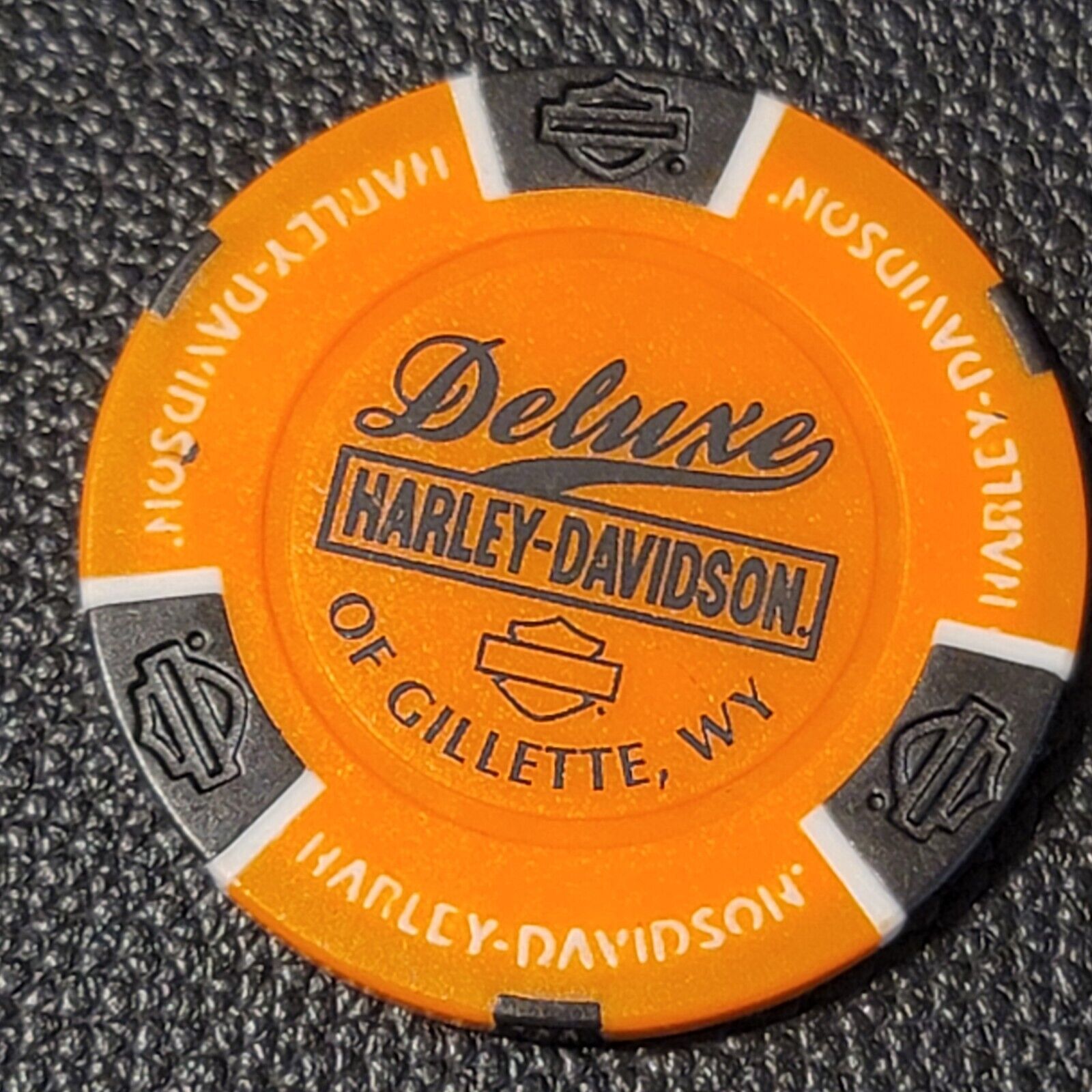 DELUXE HD OF GILLETTE ~ WYOMING (Orange/Black) Harley Davidson Poker Chip