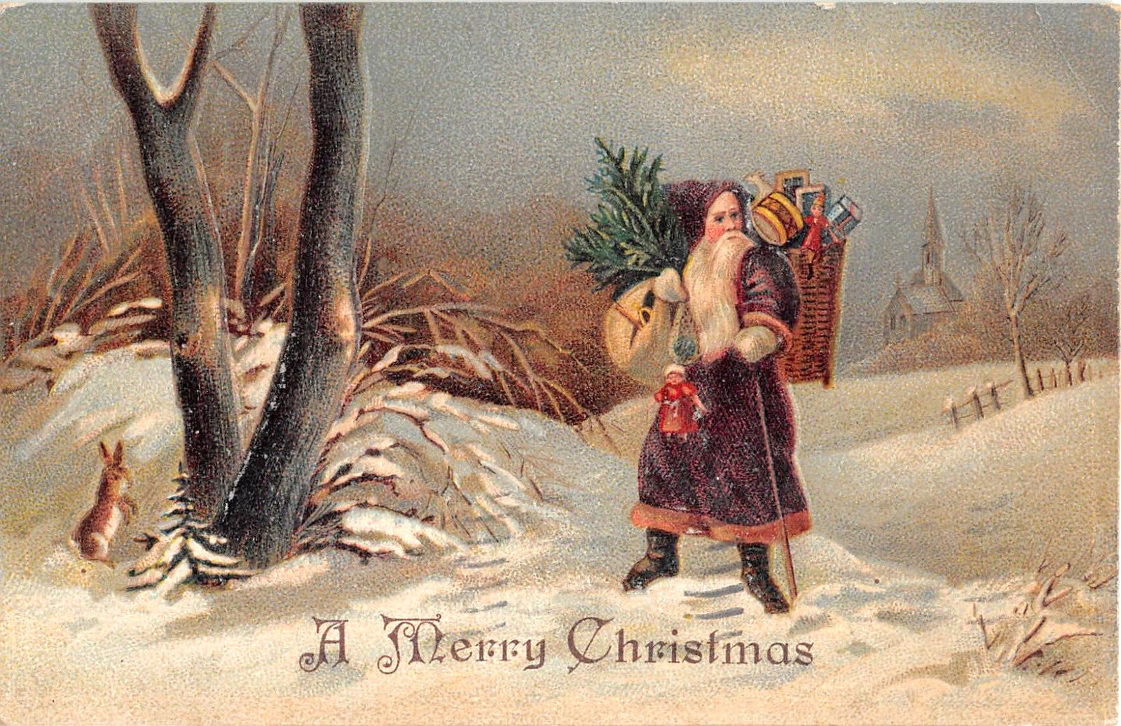 1907 Purple Robe Santa with Tree & Bag of Toys Merry Christmas post card