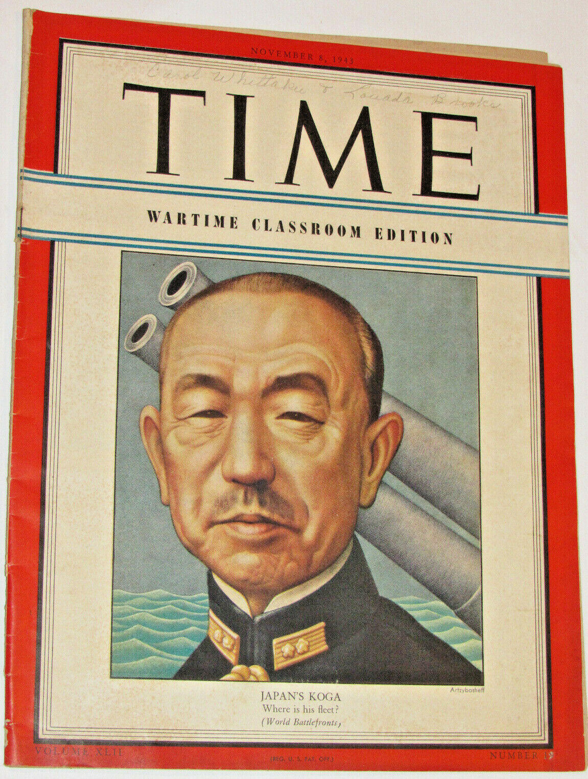 VINTAGE WWII 1943 TIME MAGAZINE JAPAN'S KOGO COVER 'WARTIME CLASSROOM EDITION'