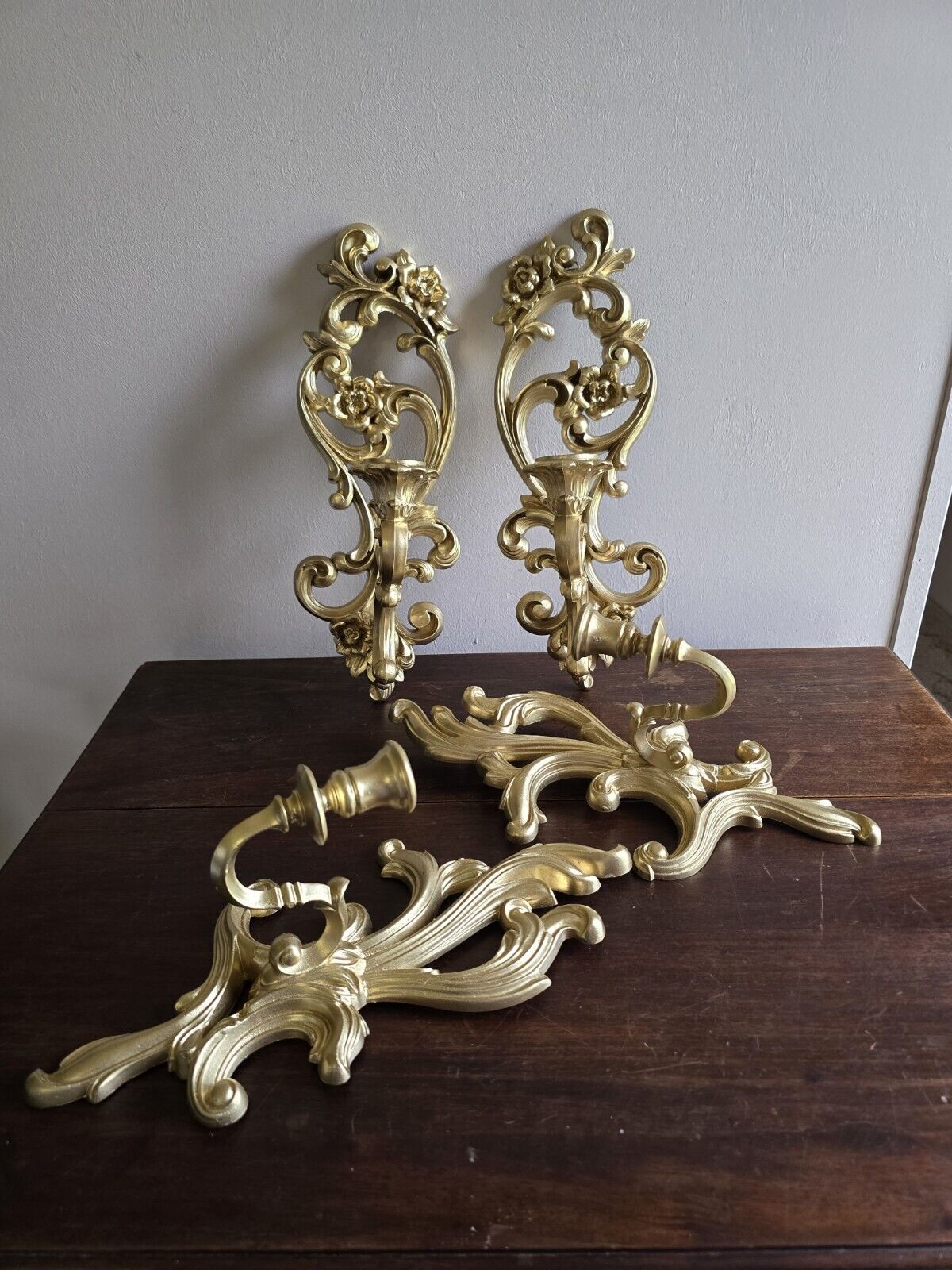 Set of 4 VTG Ornate Gold 1 Arm Wall Candle Sconces 2 Homco & 2 Turner MFG