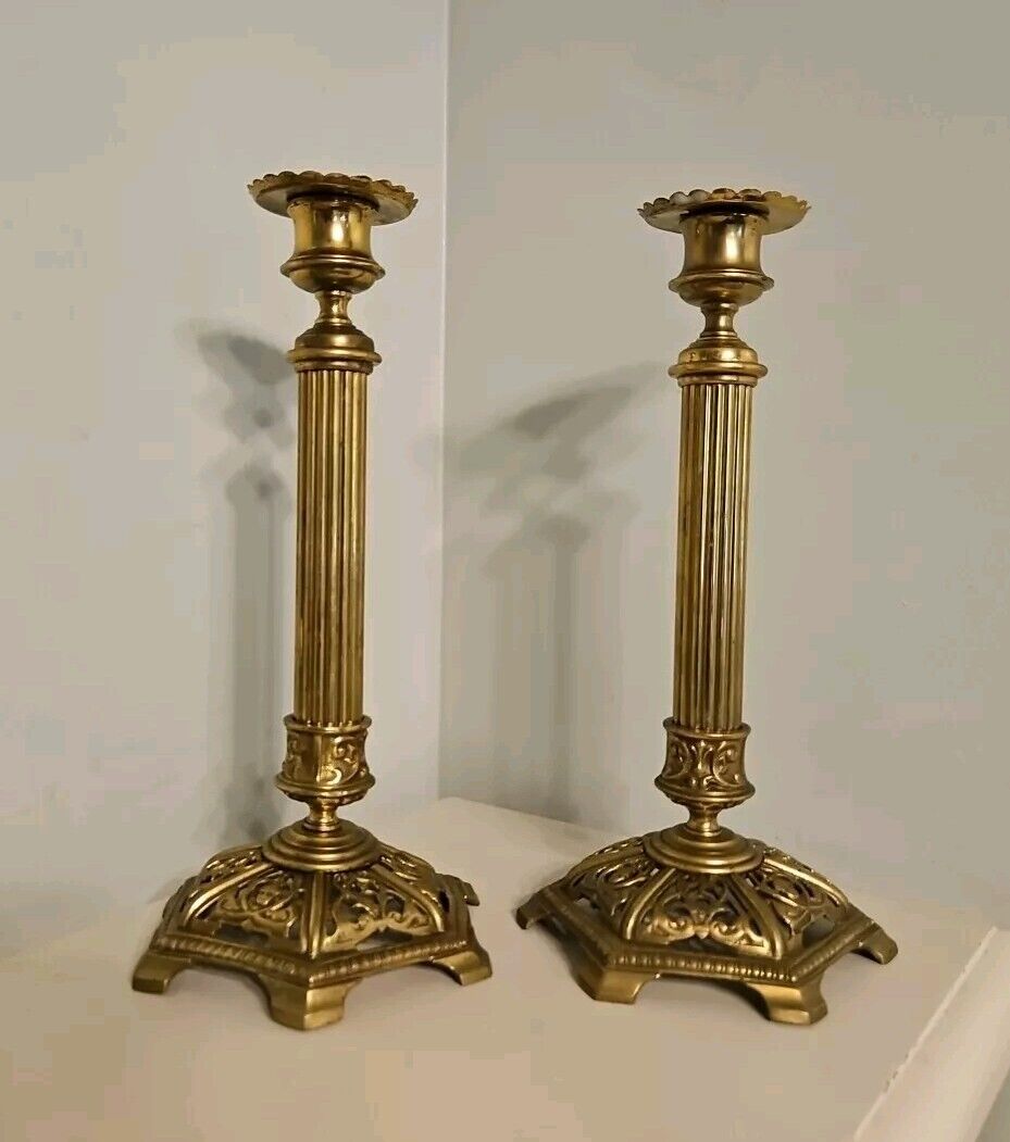Antique 1800s Victorian Ornate Brass Candlestick Holder Pillar Column Vintage