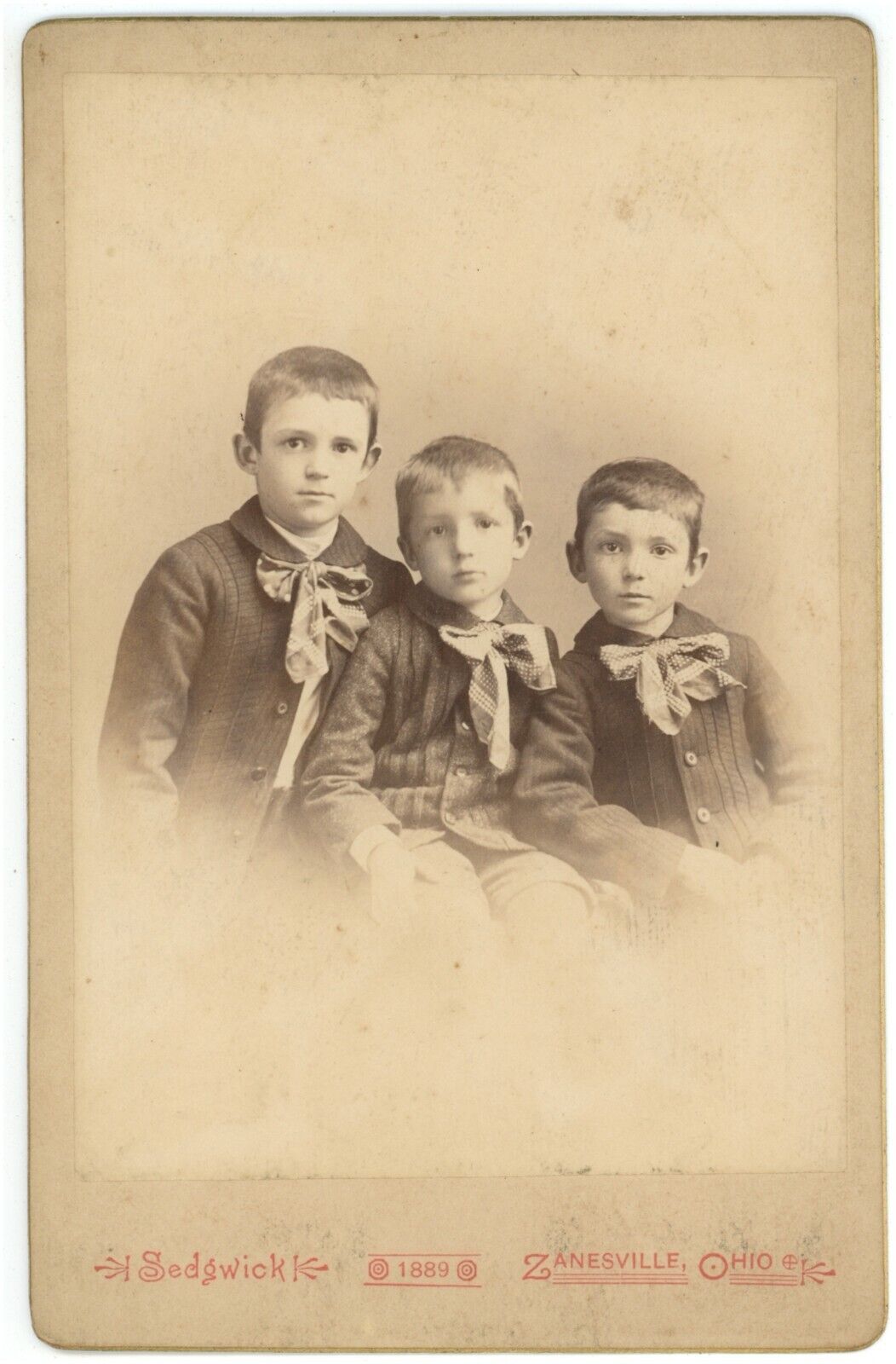 Antique c1880s Cabinet Card Sedgwick Three Adorable Boys in Suits Zanesville, OH