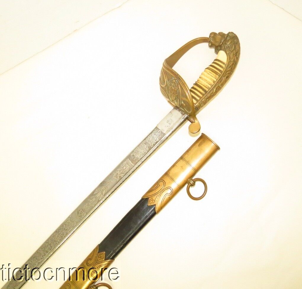 PRE WWI 1880s GERMAN NAVY LION HEAD LARGE SWORD ETCHED BLADE WKC & SCABBARD