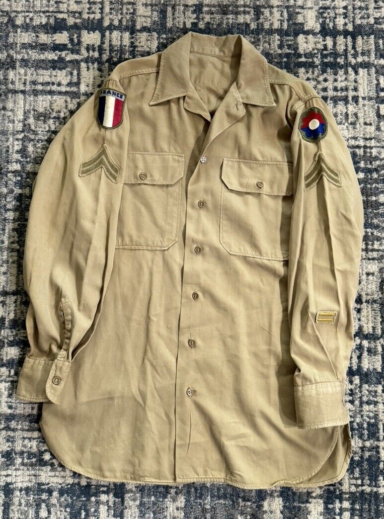 Vintage 40s WW2 Era Military Khaki Cotton Long Sleeve Button Up Shirt Large WWII