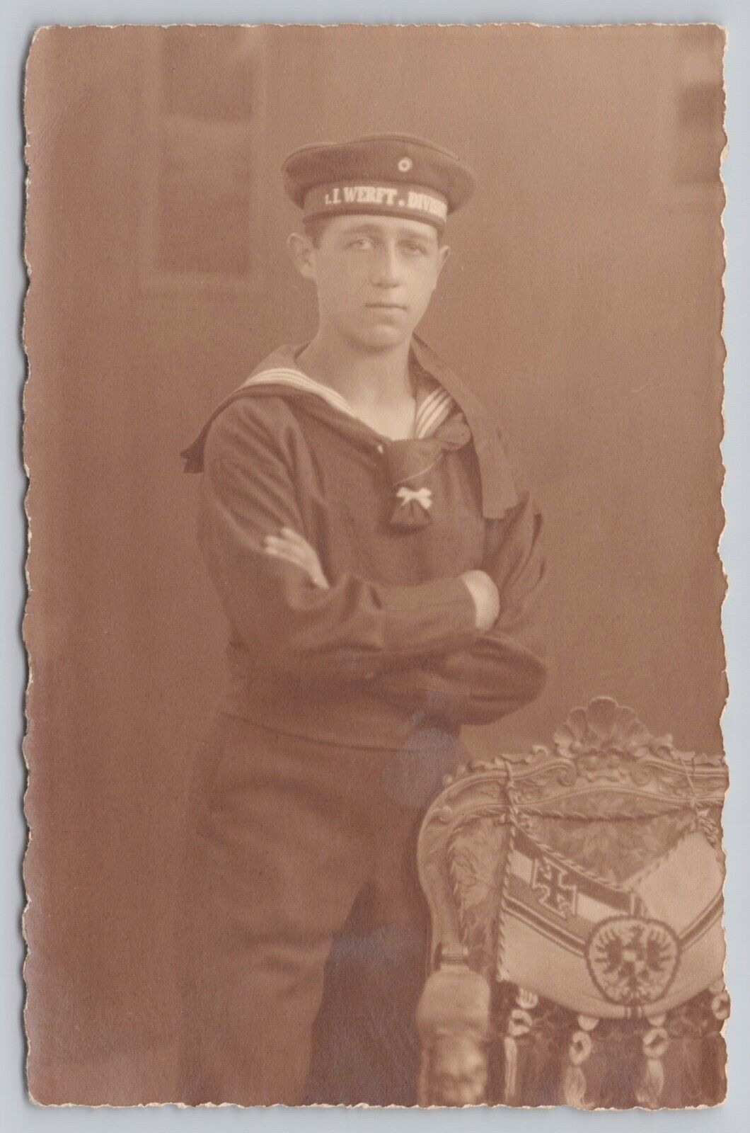 WWI German Sailor RPPC Studio Portrait w Imperial Flag Pillow Kiel Postcard V*