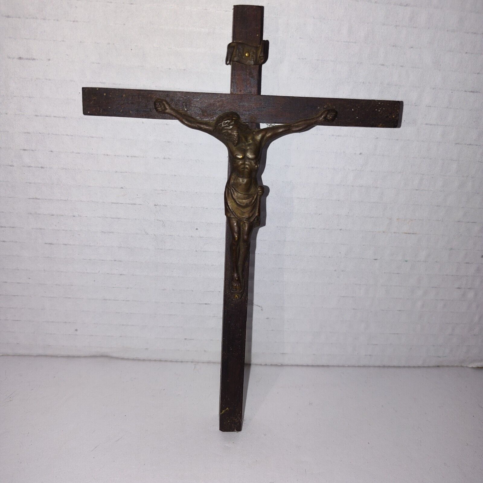 Vintage Wooden Metal Wall Cross Crucifix Holy Religious Christ Dark Brown Small
