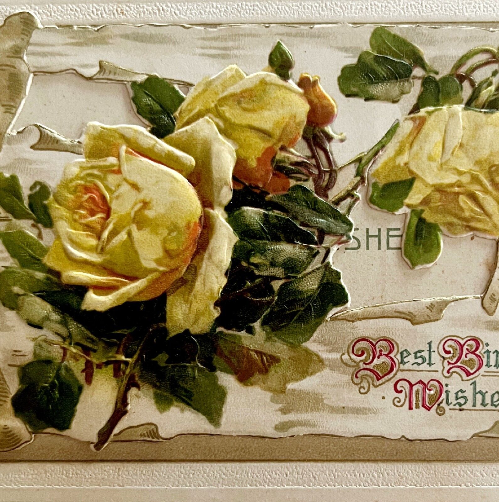 Best Birthday Wishes Greeting Card 1910s Ribbon Embossed Roses Germany PCBG3D